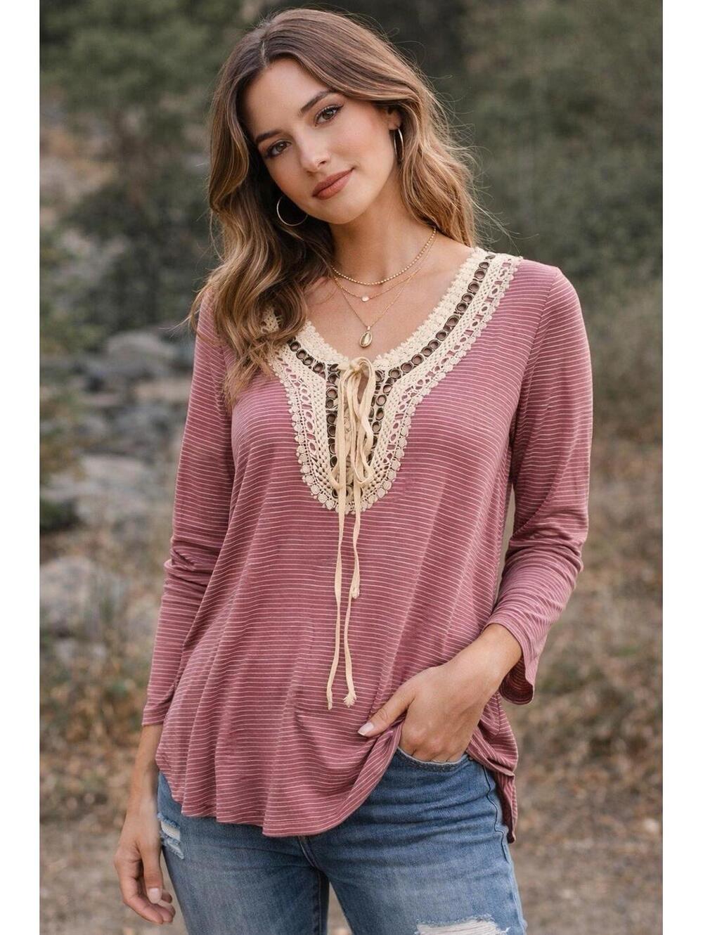Ella Mara Boho Blouse Pink Striped Lace Neck Tie Top Long Sleeve Women NWOT - A5